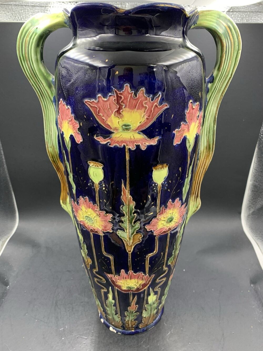 Antique Josef Strnact 2 Handled Majolica Vase Art Nouveau Floral Design